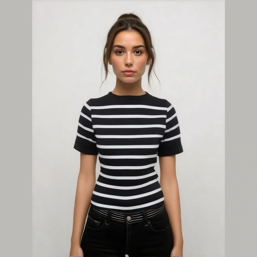 NWT Happily Grey Black & White Striped Seamless Crop Top - Picture 13 of 13